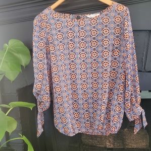 Orange and Blue Flowy Blouse with Sleeve Detail